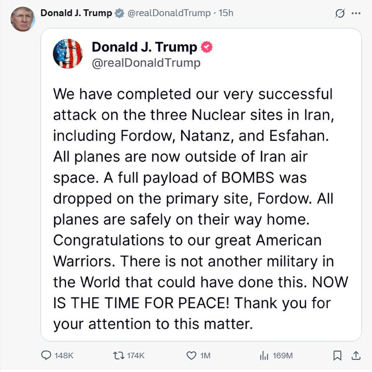 Donald Trump speaking at the White House podium on June 21, 2025