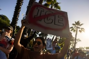 Protesters gathering outside Dodger Stadium during ICE raids