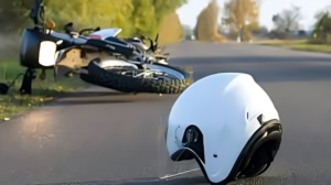 Two BIS‑certified helmets displayed alongside a new motorcycle