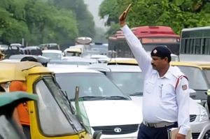 “Traffic police conducting emission test on an older car