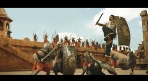 Epic battle scene from Baahubali with warriors charging across a grand battlefield.”