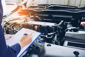 A technician inspecting a diesel truck at an automated emission testing facility