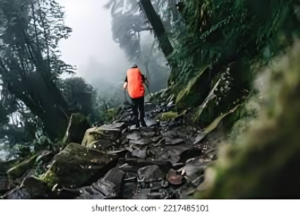 A content creator wearing hiking boots and standing back from a riverbank, filming with a tripod as a friend observes from a safe distance