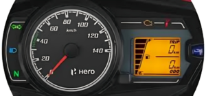 Dashboard and speedometer of Hero Passion Pro 2025 highlighting premium features