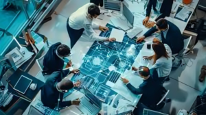 A group of engineers collaborating in a modern tech office setting