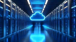 Indian cloud computing data center floodlights glowing at night