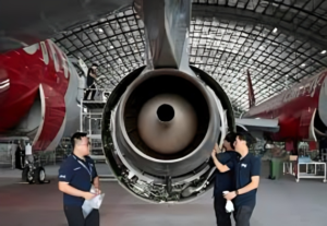 Technician inspecting aircraft engine