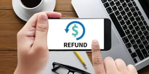 Small handicraft seller happily receiving GST refund on laptop screen