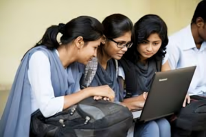 Students checking DU NCWeb admission cut-off list on laptop