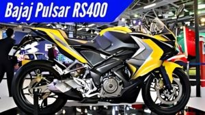 Close-up of Bajaj Pulsar RS400Z-4 engine and digital dashboard displaying ride mode