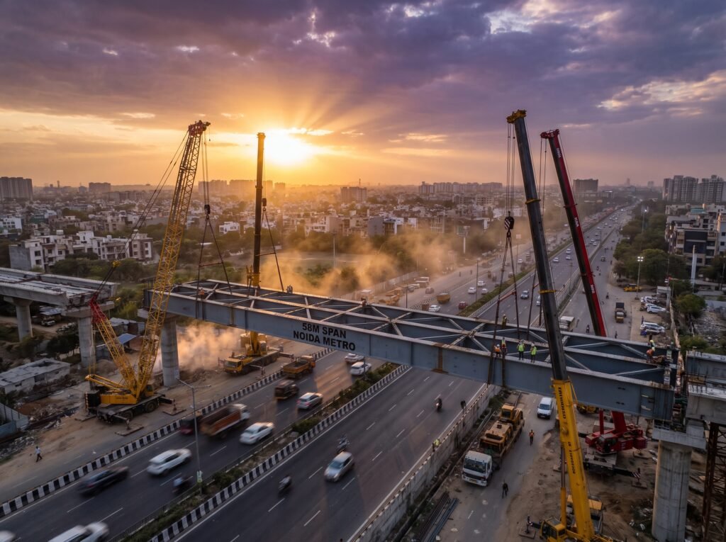 “Noida वालों के लिए बड़ी खुशखबरी! NH-9 के ऊपर तैयार हुआ Metro का विशाल Steel Bridge, Blue Line विस्तार ने पकड़ी रफ्तार”